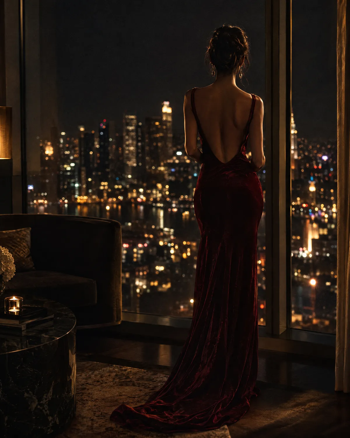 Woman in a burgundy velvet gown seen from behind, overlooking the city at night