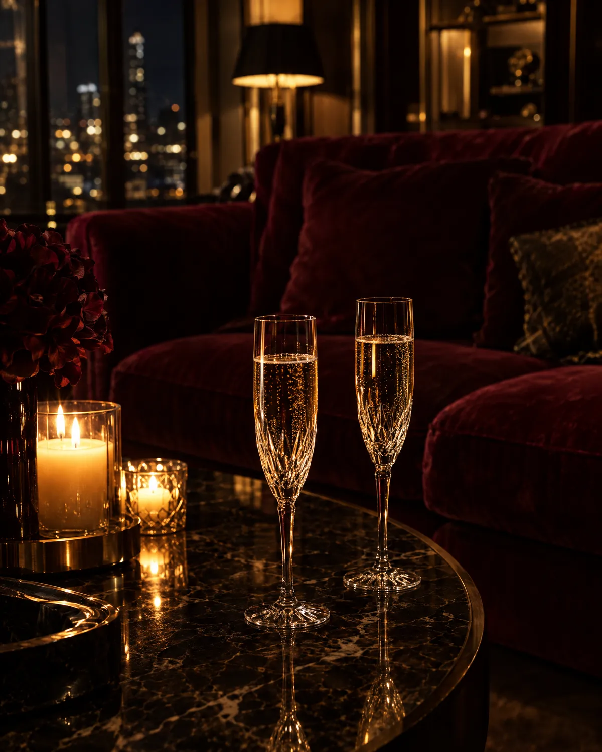 Two champagne flutes and candles on a marble table beside a velvet sofa