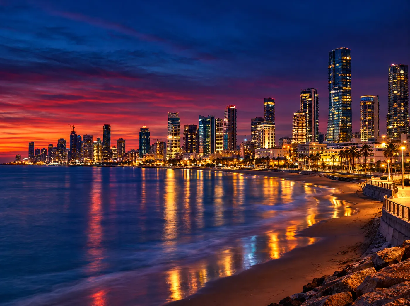 Tel Aviv coastline and lit towers at dusk