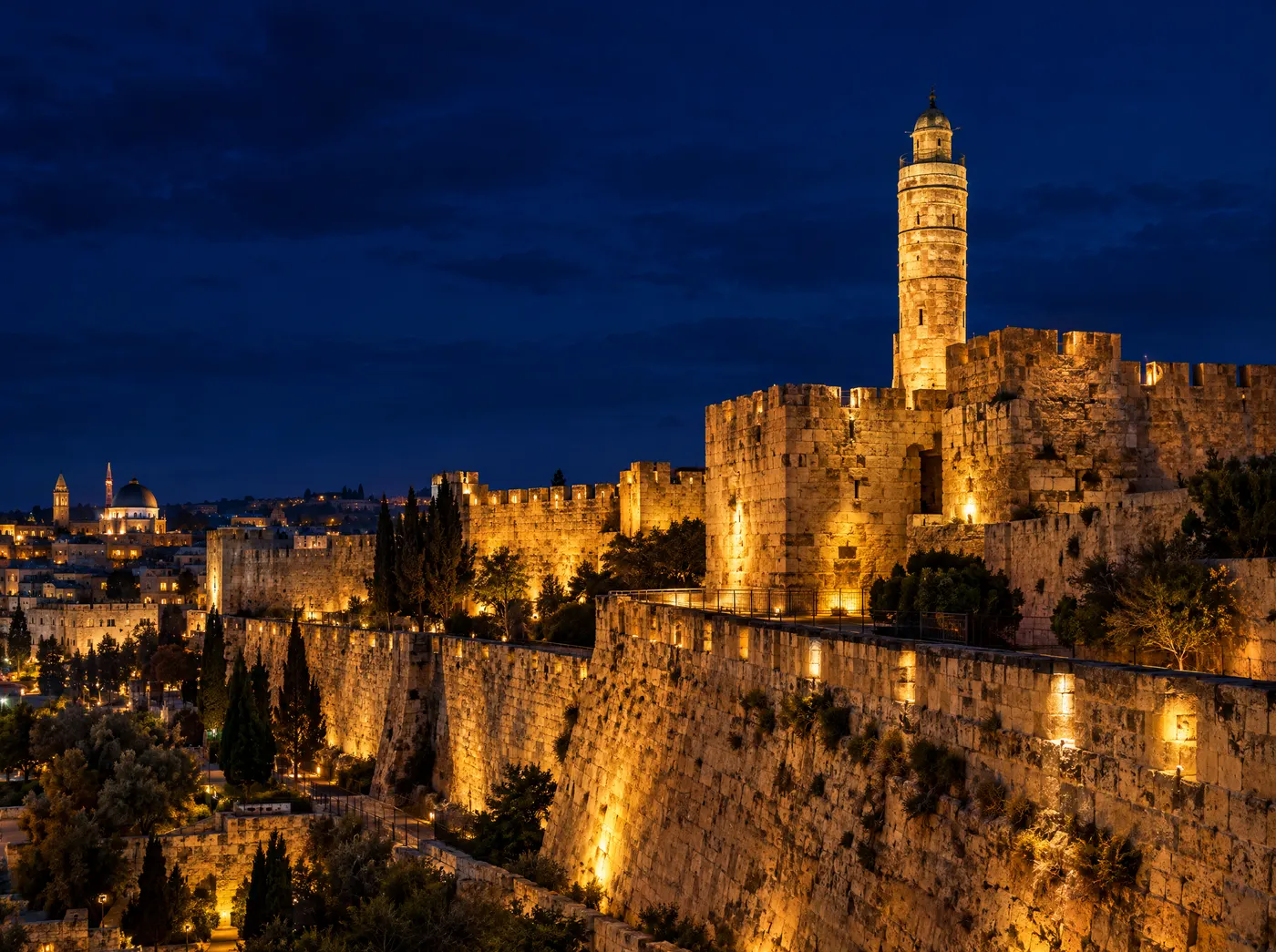 Jerusalem Old City walls and the Tower of David, floodlit at night